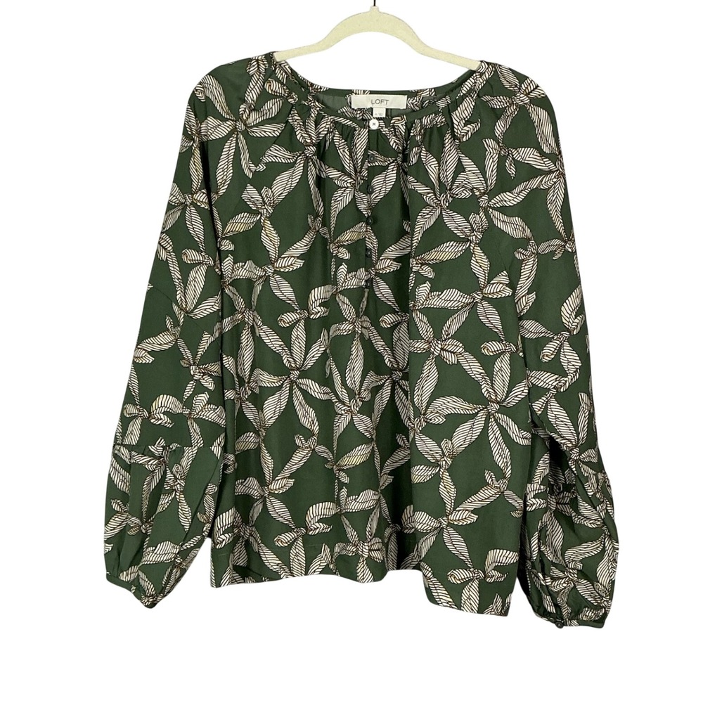 LOFT Olive Green Abstract Bow Leaf Print Partial Button Blouse XL
